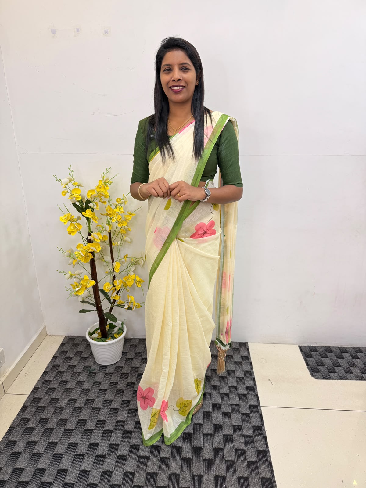 Linen with mul cotton saree LD074